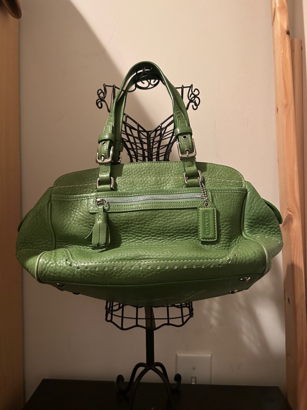 Vintage Coach Green Pebbled Leather Shoulder Bag